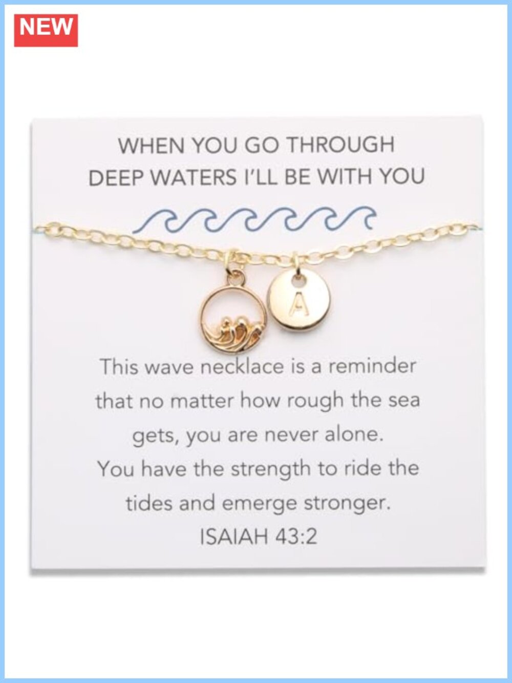 14k Gold Plated Wave Pendant Necklace Initial Christian Bible Verse Isaiah 43:2